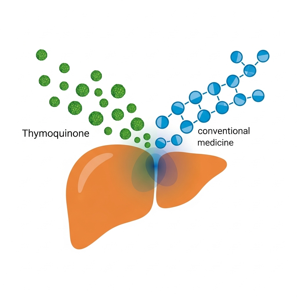 Thymoquinone symboliseret ved leverlignende tegning og små grønne og blå kugler over denne. hvid baggrund.