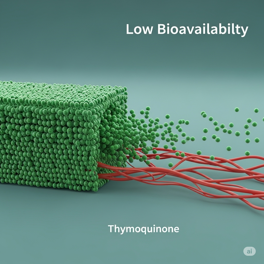 Thymoquinone symboliseret ved blok af små grønne partikler der ikke kommer ind i de rødlige strenge der løber ud fra den. Grønlig baggrund.