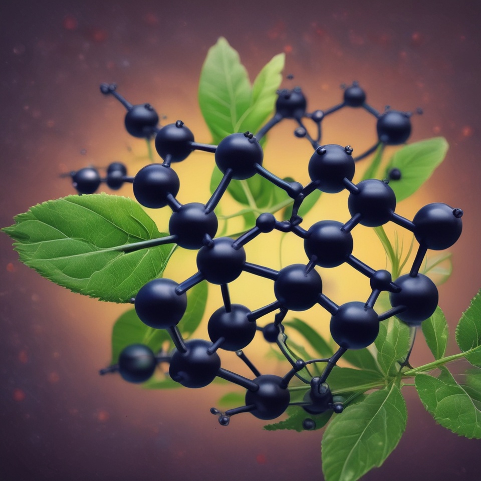 Thymoquinone symboliseret ved en gittersammenstilling af blå kugler som frøblomster eller molekylestruktur. Grønne blade. Lilla og lys baggrund.