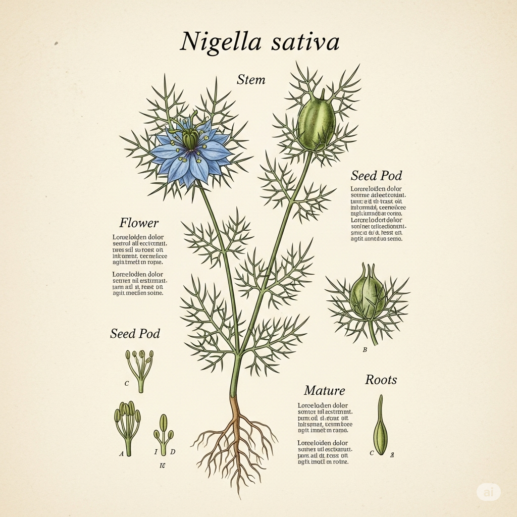 Thymoquinone symboliseret ved planche af planten Nigella, med farvet tegning med rod, blomst, frøkapsel og forklaringer. Hvid baggrund.