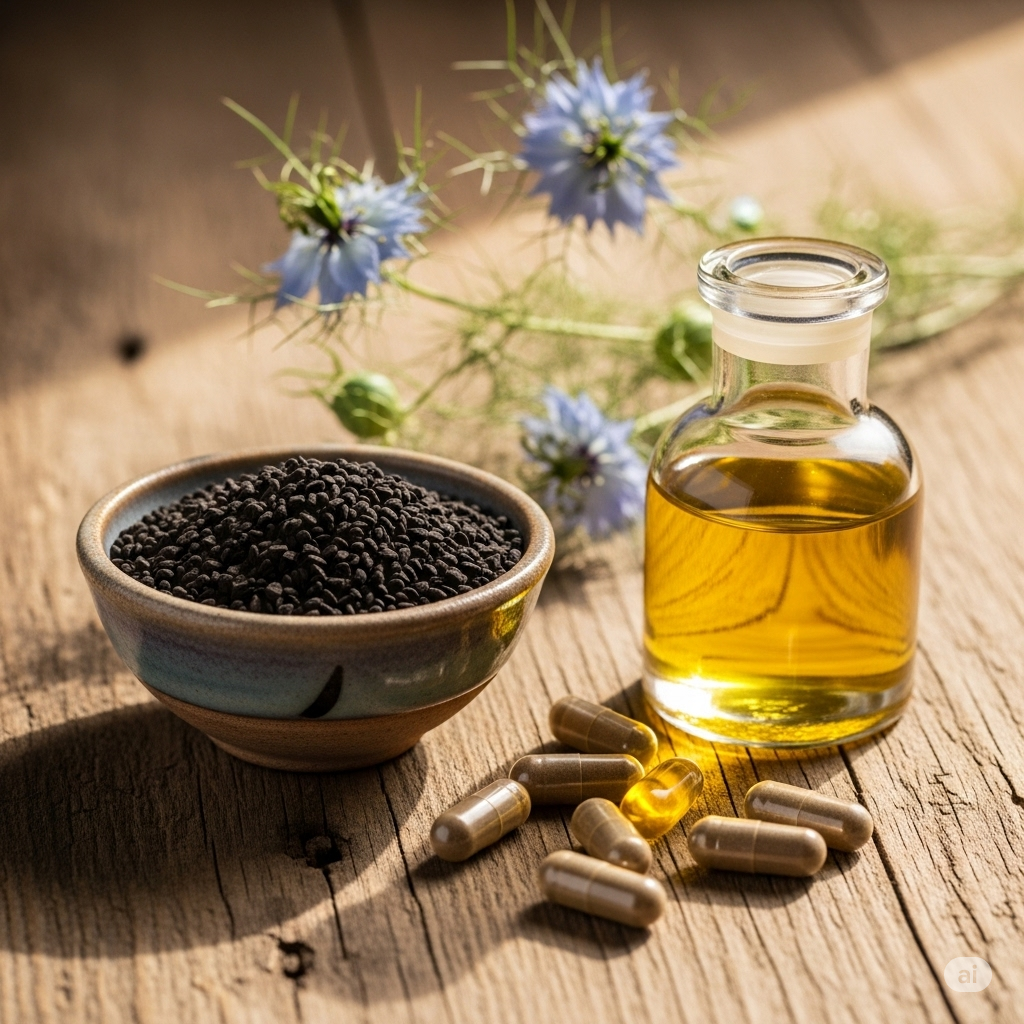 Thymoquinone symboliseret ved en nigellaplante med blå blomster, en skål med nigellafrø, nogle kapsler på et træbord og en lille klar flaske med en olie.