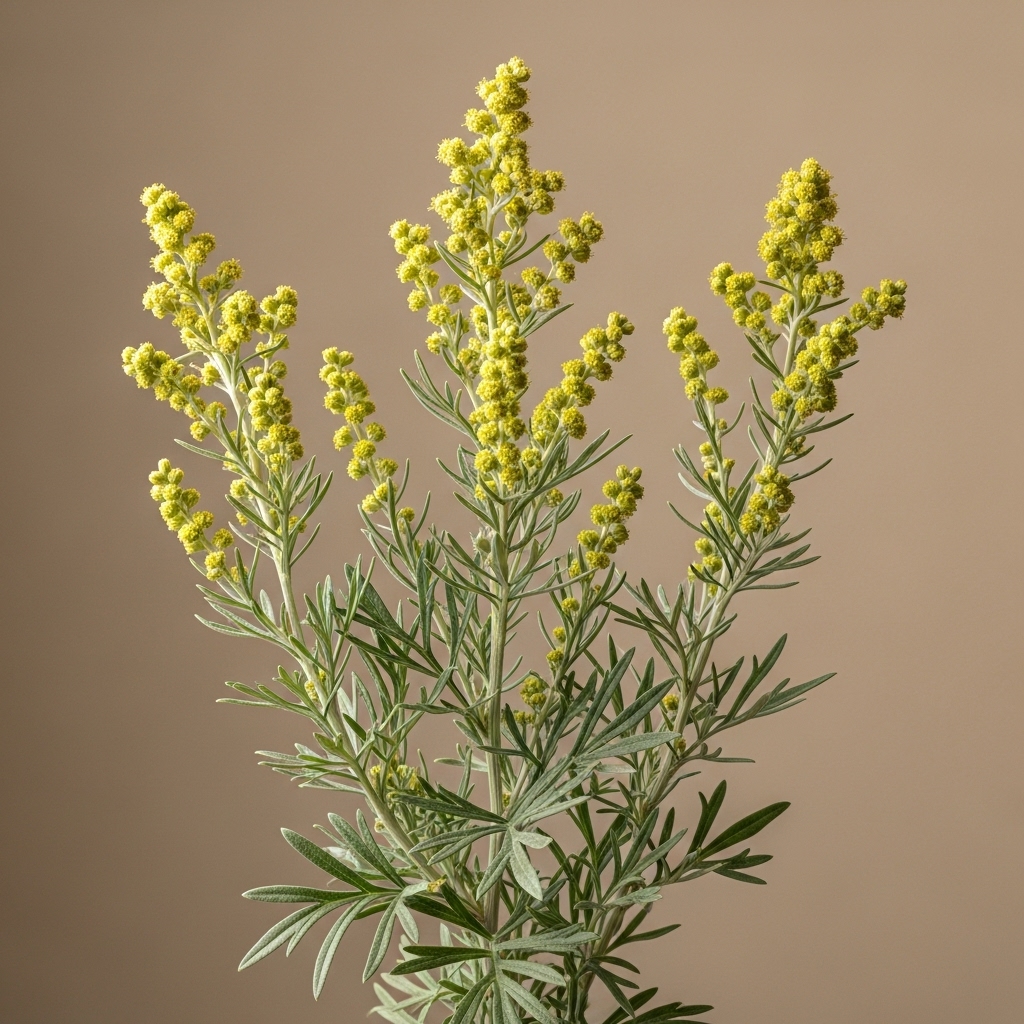 Malurt symboliseret ved en plante i gule blomster. mod beige baggrund.
