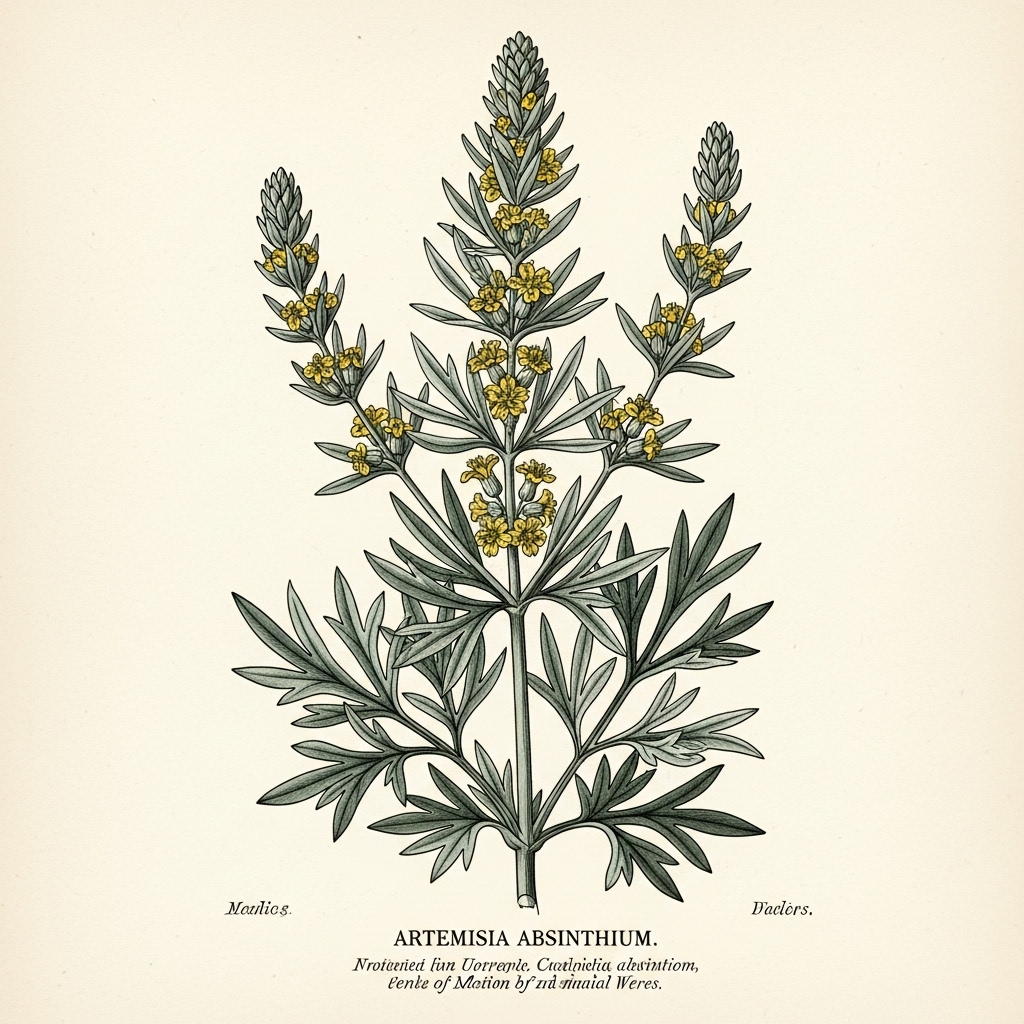 Malurt symboliseret af farvet tegning af urten på hvidgul baggrund.