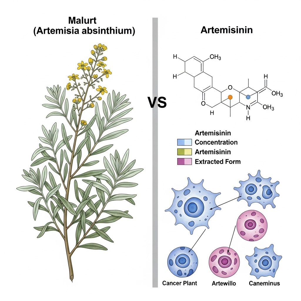 Malurt symboliseret ved en planche med malurt tegnet på venstre side og molekylestruktur og celler på højre side. Hvid baggrund.