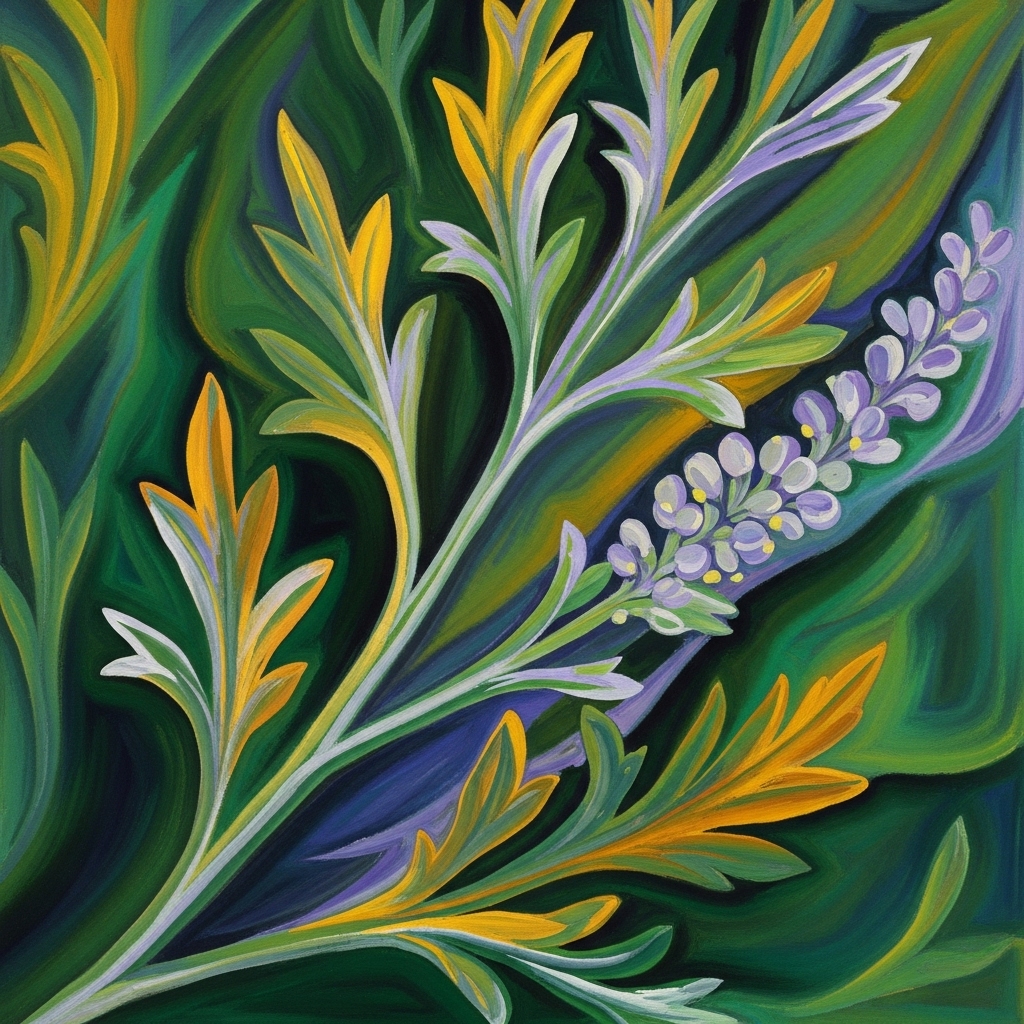 Malurt symboliseret ved en kunstnerisk fremstilling af planten i grønne, gule og lilla farver.