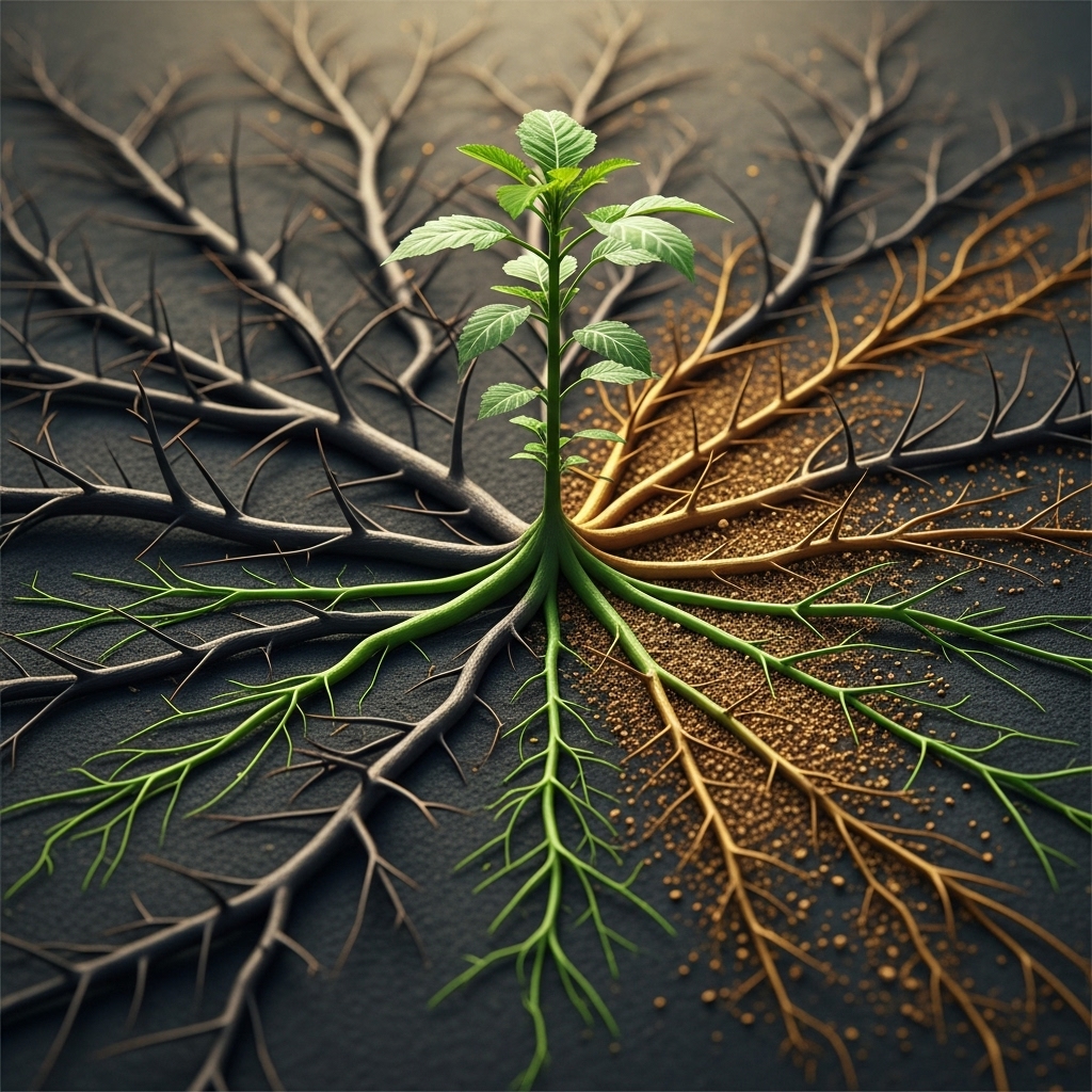 Chanca-Piedra symboliseret ved en enkel plante der viser et forgrenet symbolsk rodnet, der bekæmper kræften.