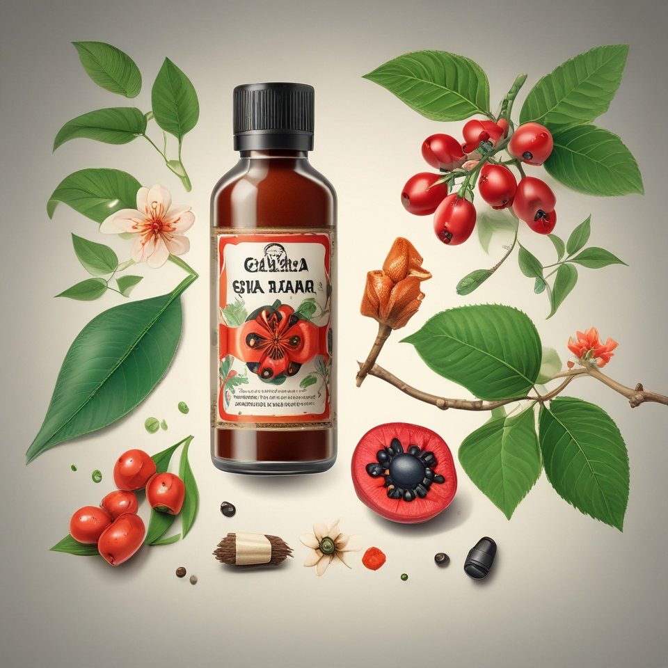 Guarana symboliseret ved en planche med plantedele, frugter, en overskåret frugt med det sorte frø og en flaske med guarana i midten. Lysgrå baggrund.