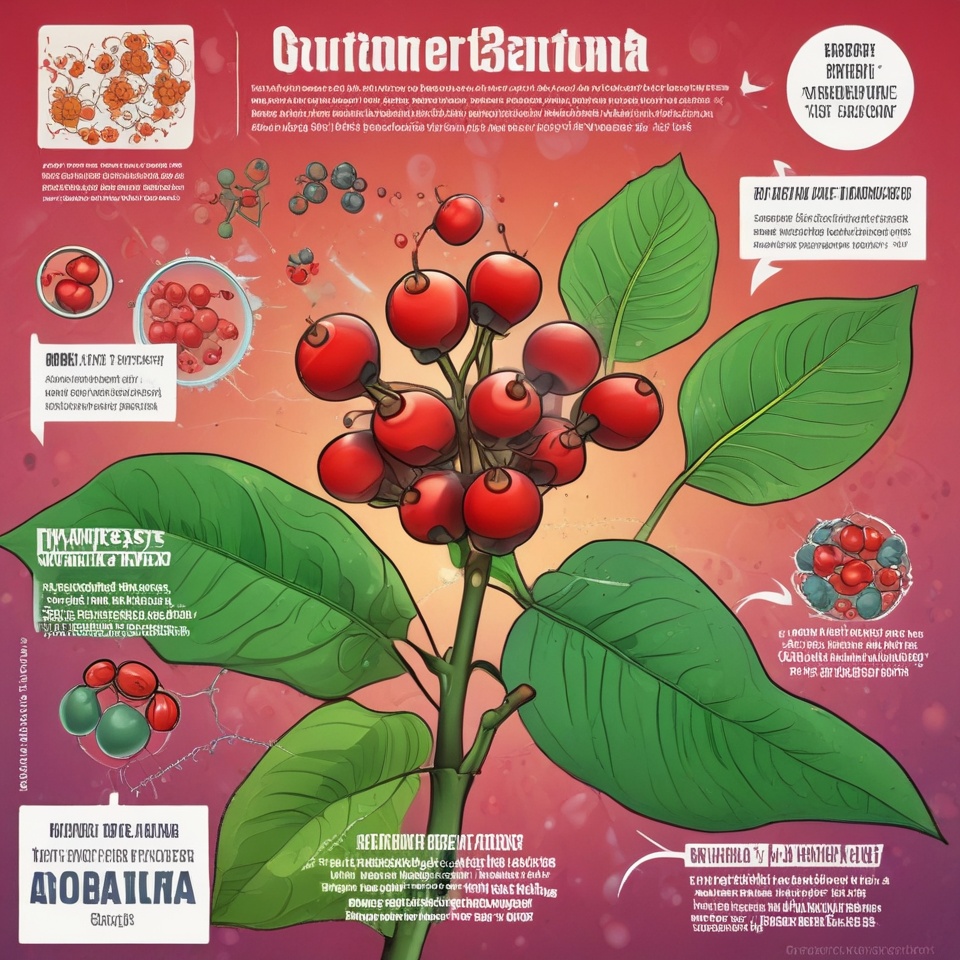 Guarana symboliseret ved planche af del af planten med røde bær og få blade. rød baggrund. og nogle runde forklarende cirkler rundt om dette.