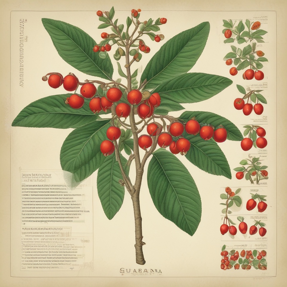 Guarana symboliseret ved tegning af planten med røde bær. Forklarende tekst, man dog ikke umiddelbart kan læse.