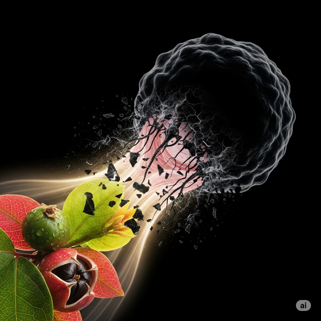 Guarana symboliseret ved en mørk celle der ødelægges af frugter der angriber den. Mørk baggrund.