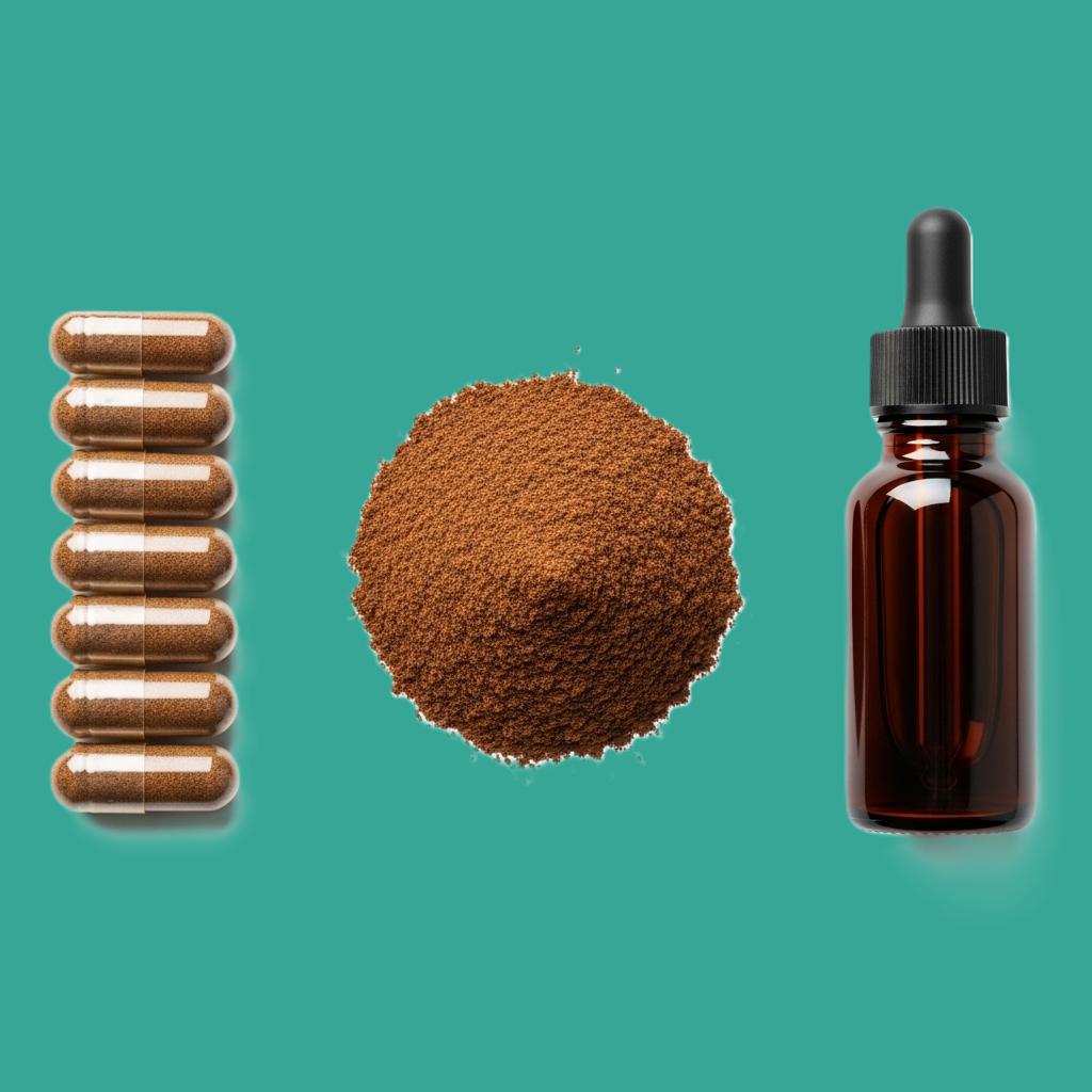 Guarana symboliseret ved brunt pipetteflaske, lille bunke brunt pulver og nogle brune kapsler. Turkis baggrund.