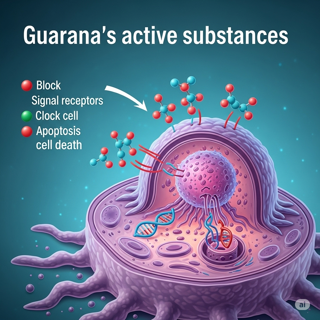 Guarana symboliseret ved En lilla celle der bliver angrebet af guarana som små kugler. blå baggrund.