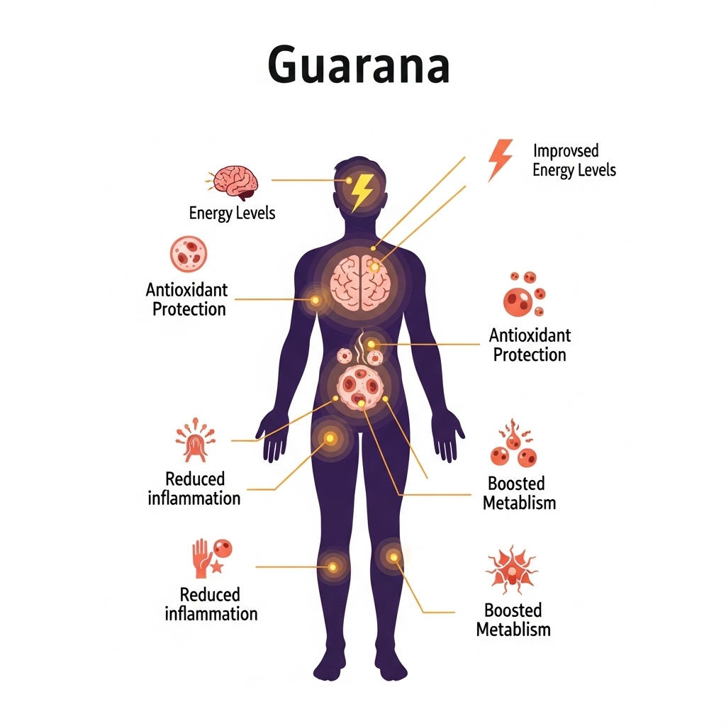 Guarana symboliseret ved Planche med menneske og forskellige organer vist ved siden af. med lidt tekst under.