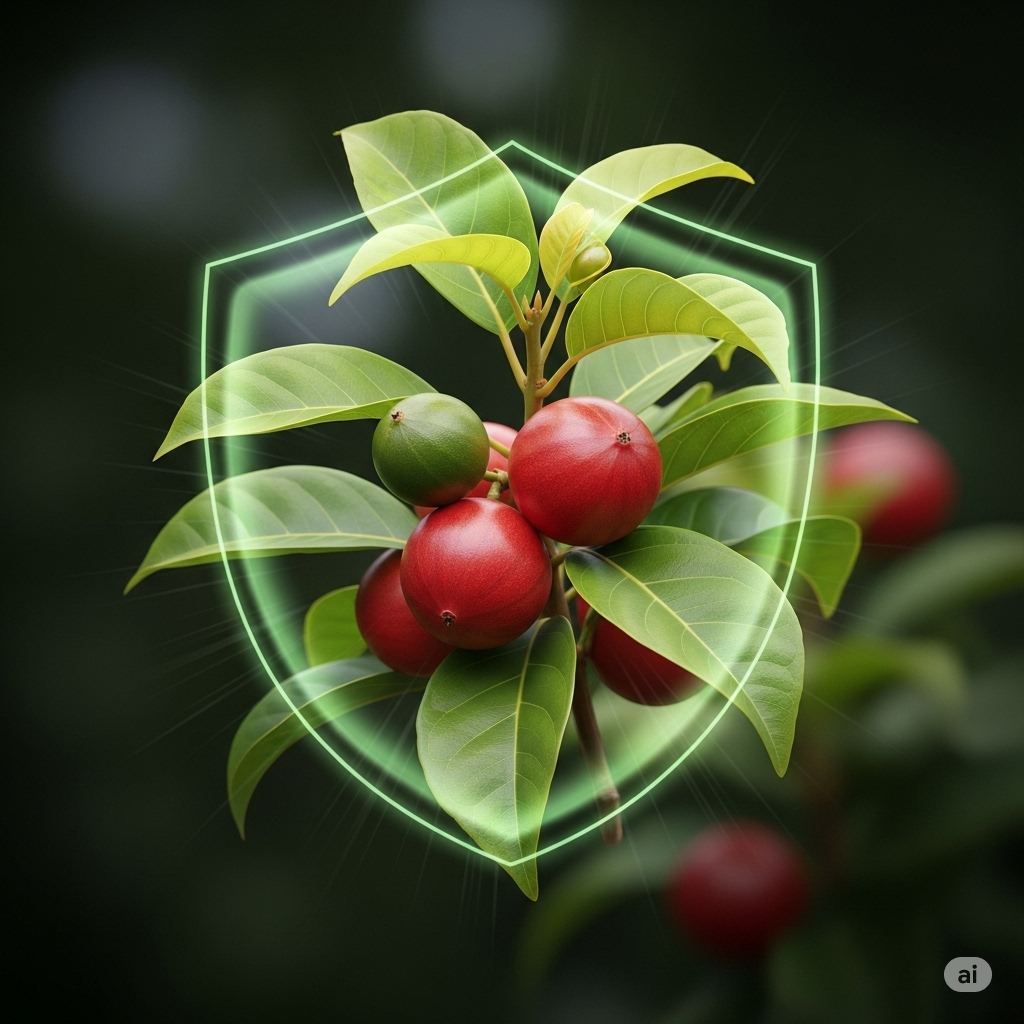 Guarana symboliseret ved del af planten med røde bær og et skjold foran for at vise sikkerhed. Mørk baggrund.