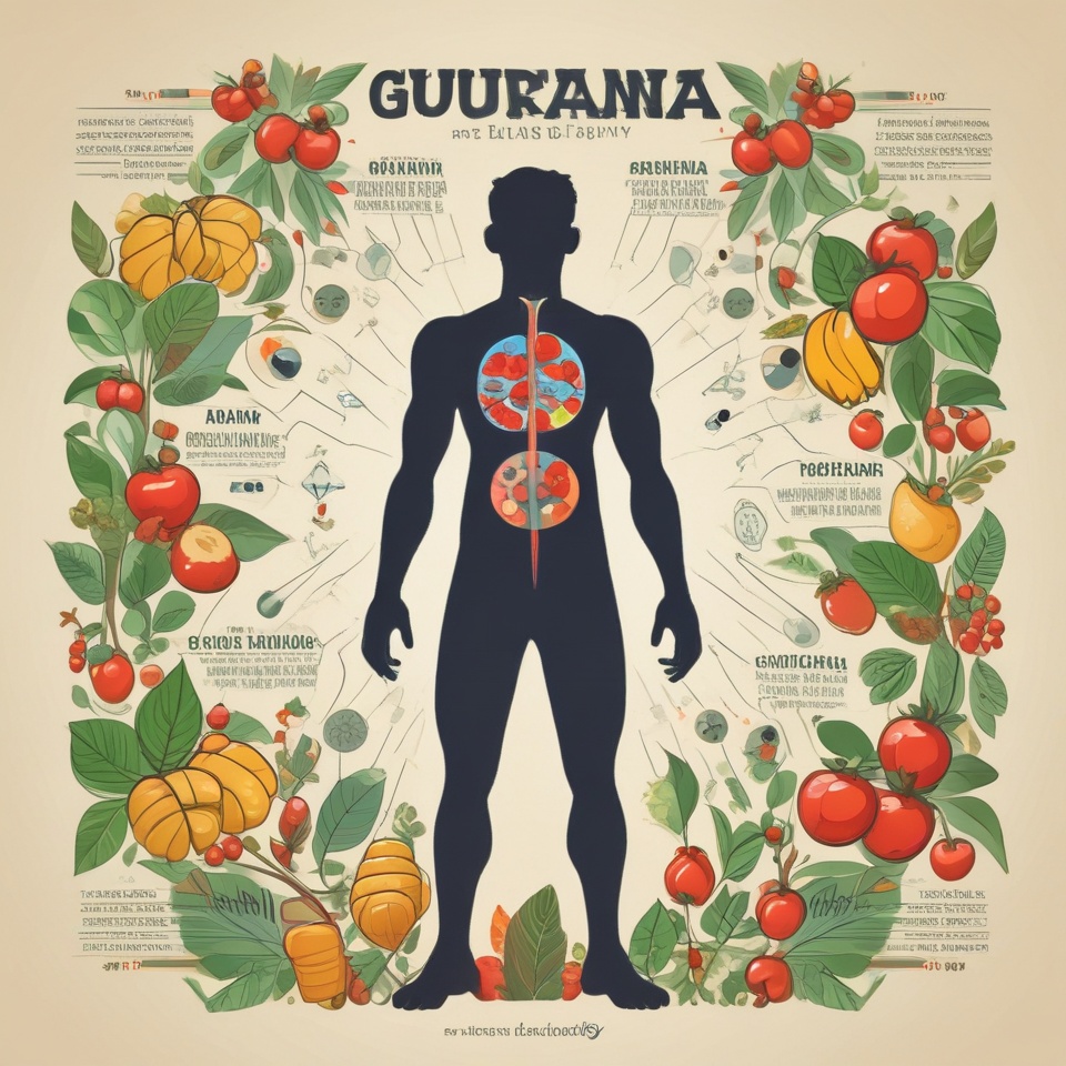 Guarana symboliseret ved planche med menneske med krans af forskellige frugter og bær omkring. og lidt af indvoldene vist.