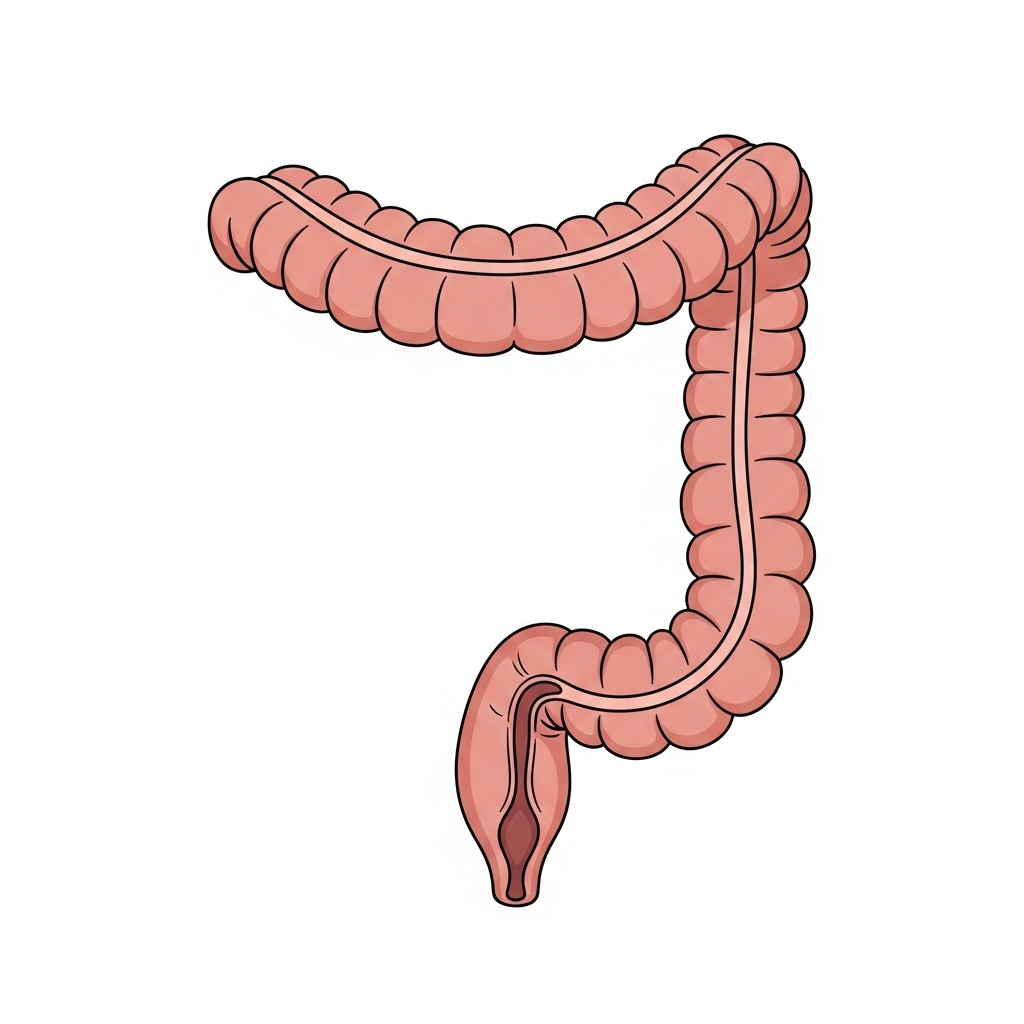 Opbyggelige historier - links til - symboliseret ved tegning af del af tyktarmen og endetarmen i rosa på hvid baggrund.