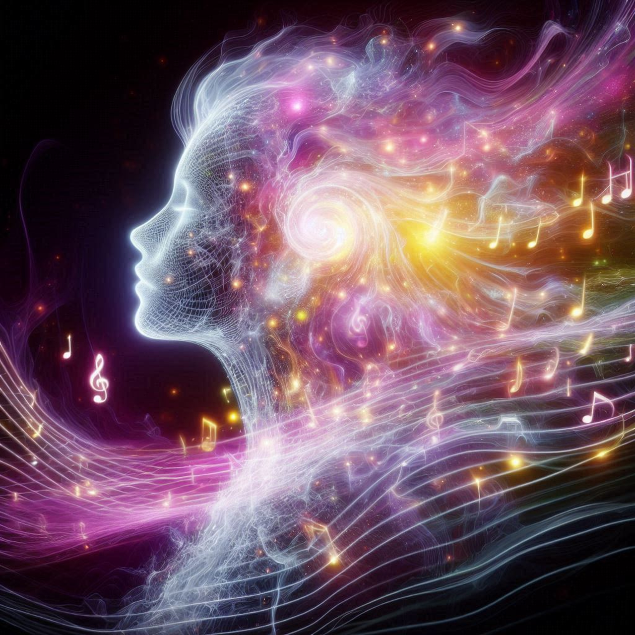 5 Rhythms symboliseret ved kvindeprofil i hvide toner med rosa skyformationer der indeholder gyldne noder omkring. Hun kigger mod en næsten sort himmel. Alligevel er billedet poetisk.