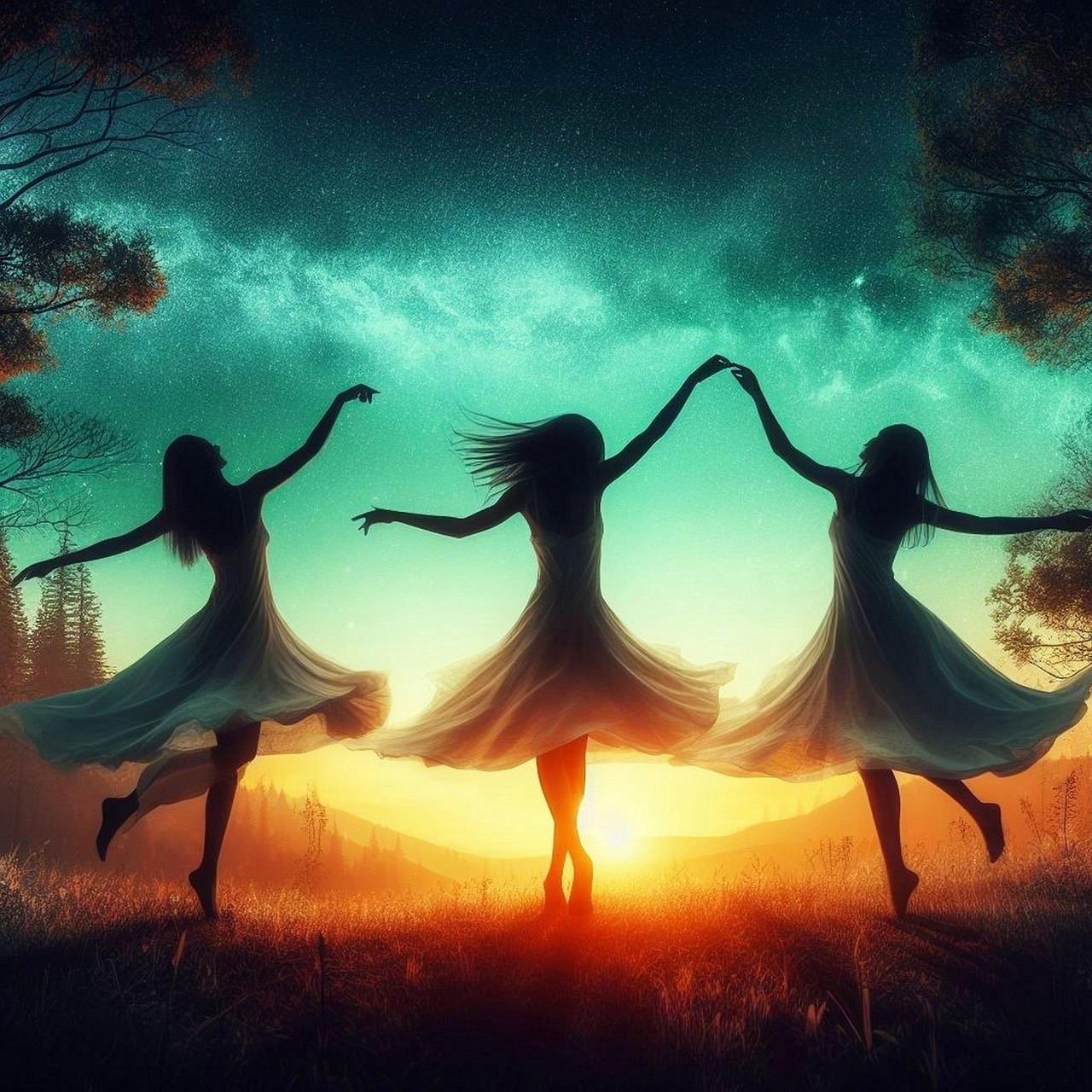 5 Rhythms symboliseret ved silhuet af 3 dansende ballet-piger set mod solnedgang. Grøn-turkis himmel.