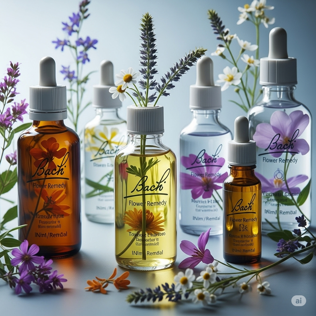 Bachs Blomsterremedier symboliseret ved en samling af pipetteflasker og urter og tørrede blomster bag disse.