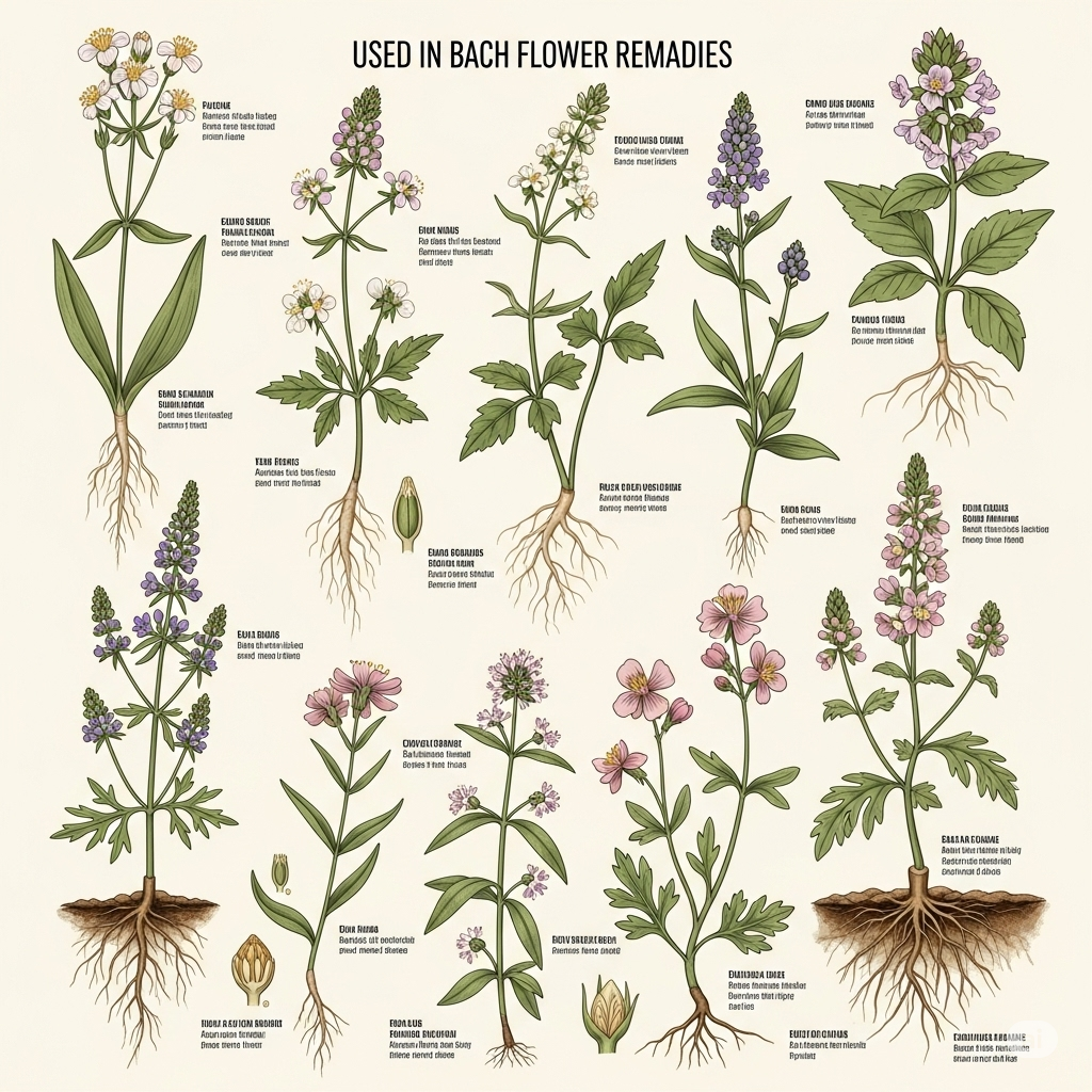Bachs Blomsterremedier symboliseret ved en planche med nogle af de forskellige urter med rod og tekster.