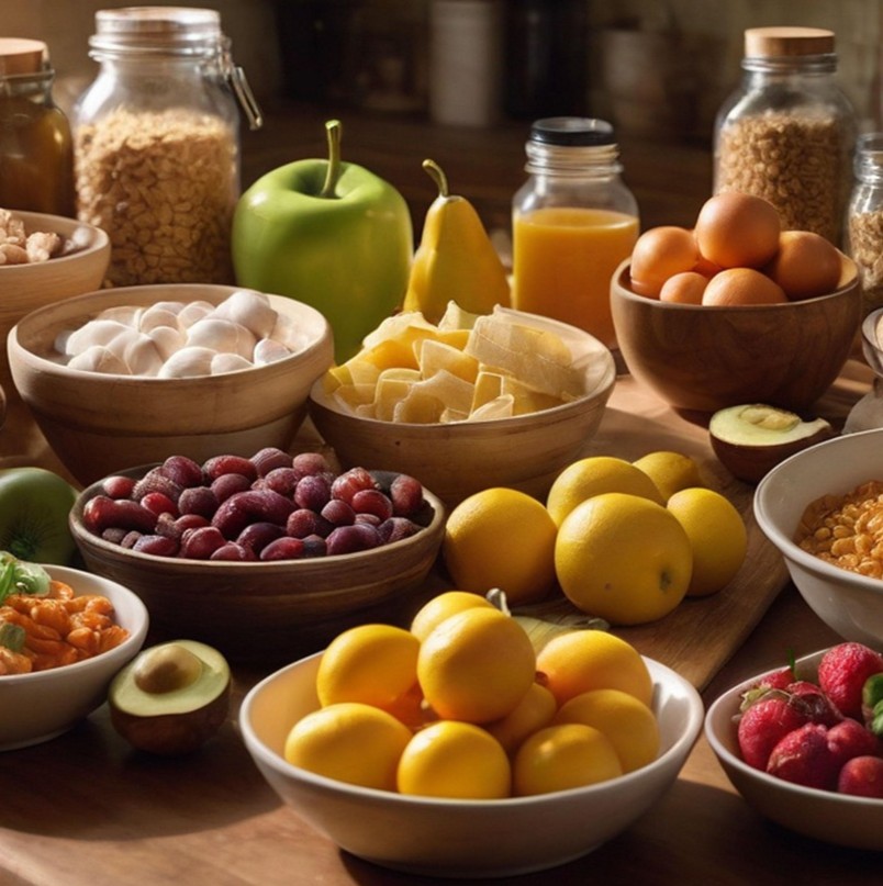 Behandlinger symboliseret ved en masse mad i skåle og et par flasker bagerst. Der er avocado, citroner, æbler, mandler, ost, æble, juice, bær mm.