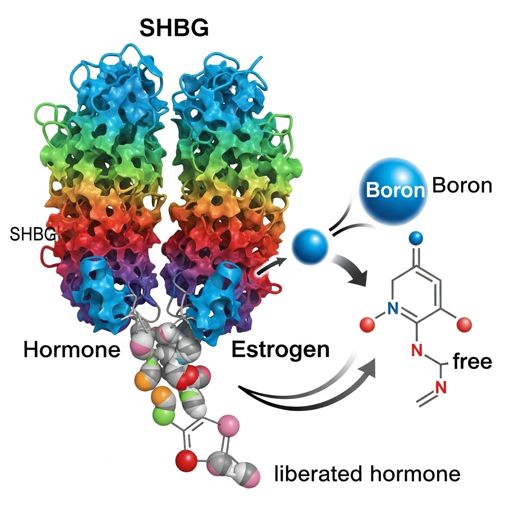 Bor symboliseret ved en planche med to langstrakte elementer bestående af mindre enheder i blå, grøn, gul, rød og lilla toner. Under dette nogle kugleformede emner der illustrerer boratomer. Ligesom formlen med atombindingerne er vist. Hvid baggrund.