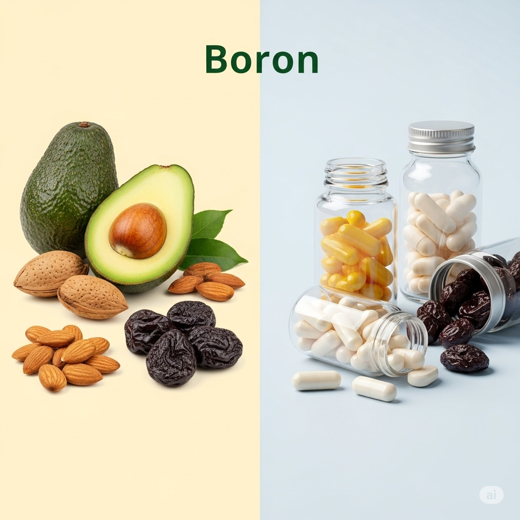 Bor symboliseret ved en planche, med teksten Boron. I venstre side er der vist en overskåret avocado, nogle mandler og svedsker. I højre side 4 pilleglas. De to ligger ned og to står oprejst. der er hvide piller i de to og gule og sorte i de to andre. Lyse baggrunde.