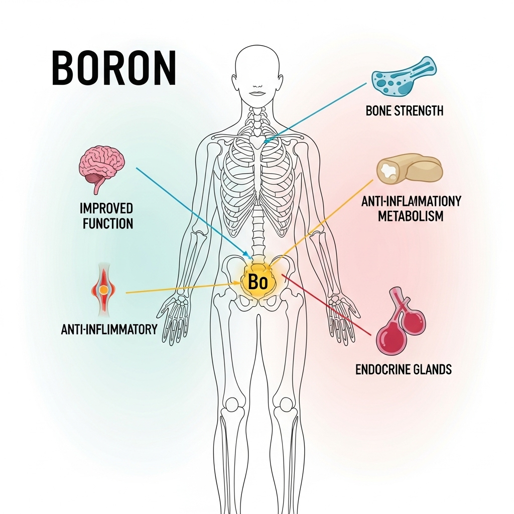 Bor symboliseret ved planche med menneske og nogle organer omkring denne. Teksten Boron står øverst til venstre. Lys baggrund.