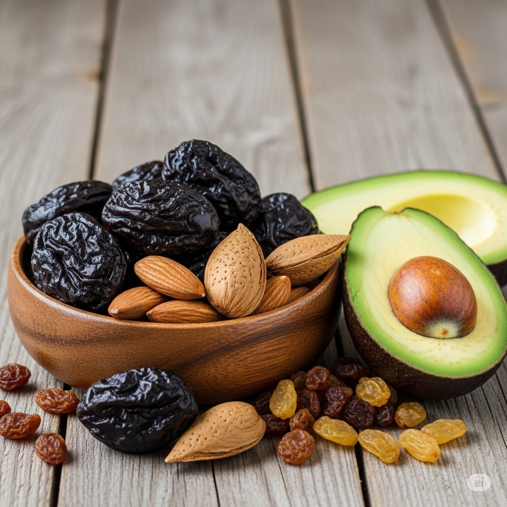 Bor symboliseret ved foto af skål med svedsker og mandler. Ved siden af ligger en overskåret avocado. Det står på et træbord eller gulv.