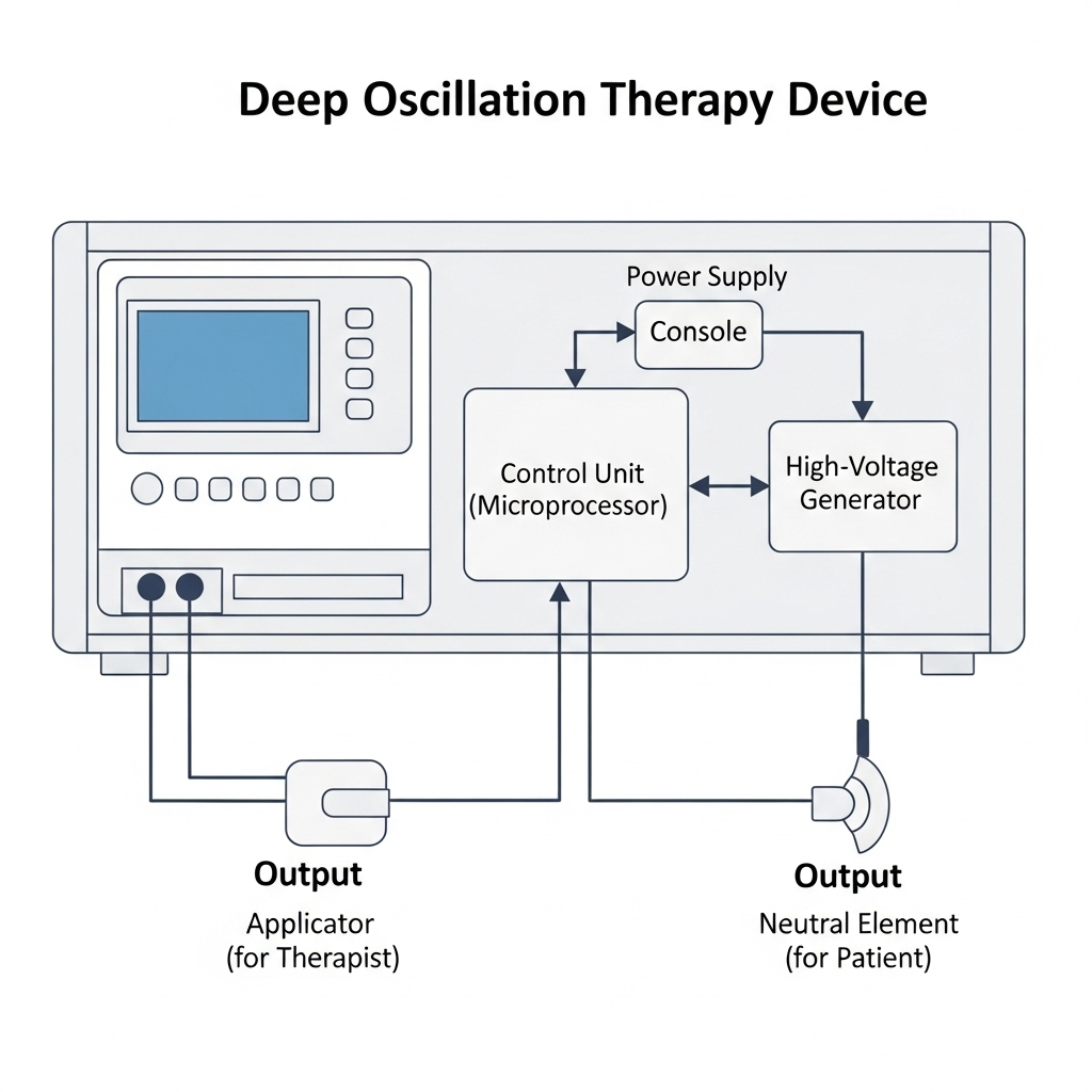 Deep oscillation behandling symboliseret ved principtegning af apparatur.