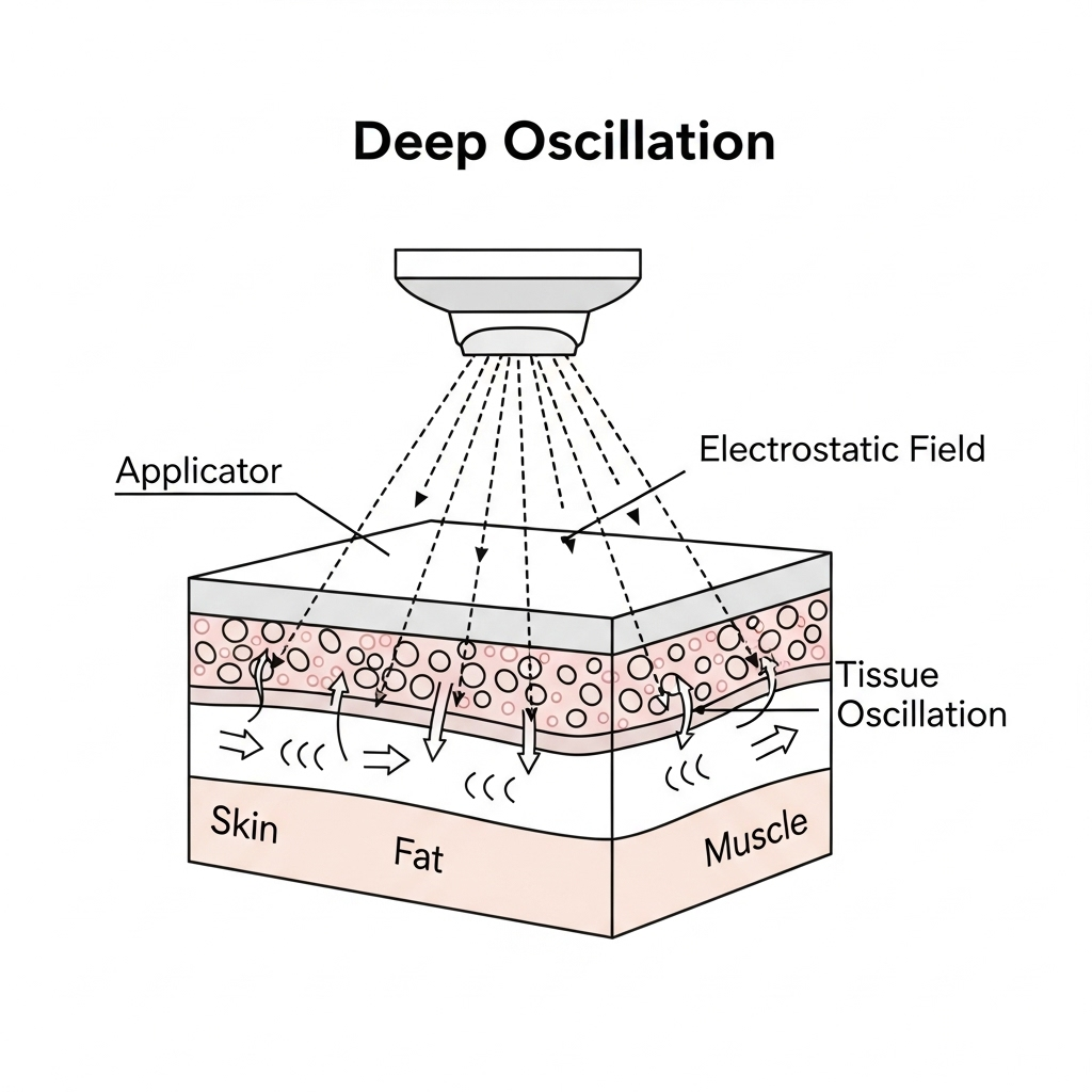 Deep oscillation behandling symboliseret ved principsnit i væv, hvor virkningen er symboliseret.
