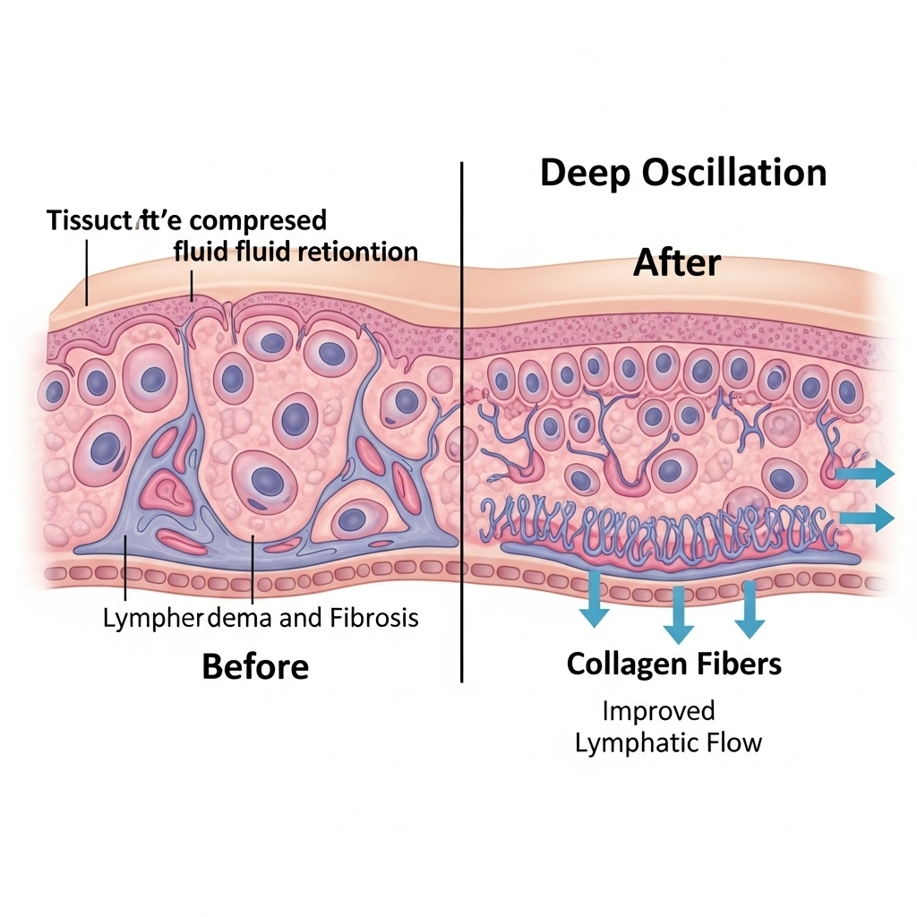 Deep oscillation behandling symboliseret ved principtegning i rosa, blå og brune toner på hvid baggrund. Forestillende snit i væv før og efter behandling.