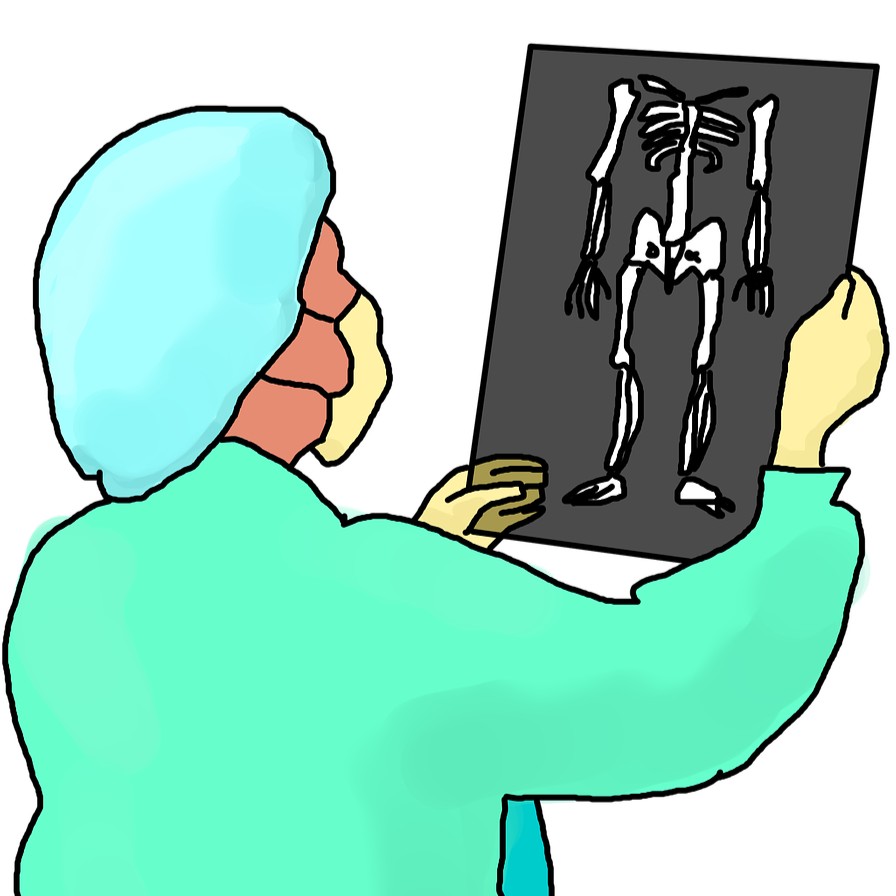 Diagnose symboliseret ved tegning af menneske i grøn kittel med grøn hue, der holder et røntgenbillede op med tegning af skellet.. Hvid baggrund.