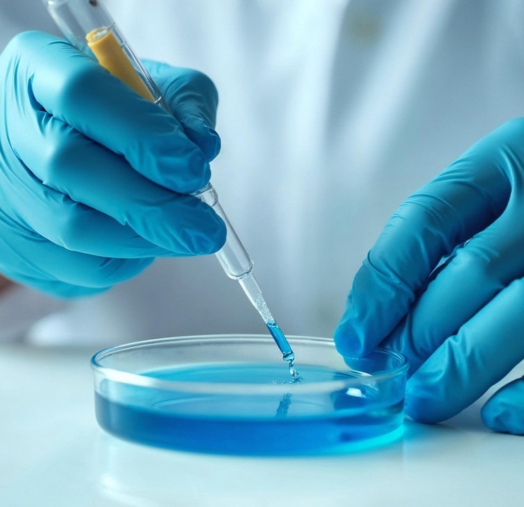 Diagnose symboliseret ved en petriskål med blå-turkis indhold. Der tages en prøve fra det med behandskede hænder i blåt.