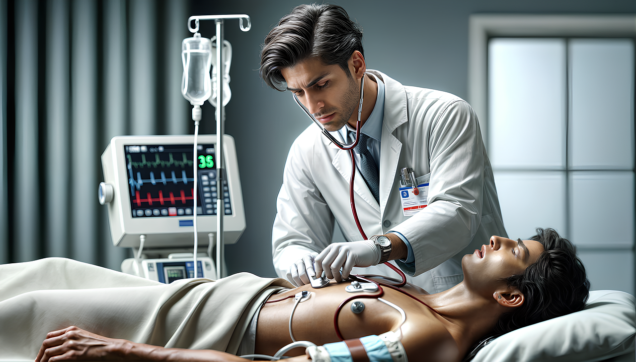 Diagnose symboliseret ved billede af mand i kittel, der lytter til en mand der ligger med elektroder og blodtryksmanchet. Desuden dropstativ med 2 drop og et måleapparatur i baggrunden.