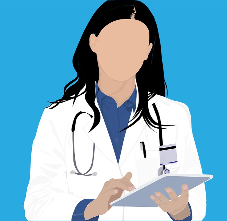 Diagnose symboliseret ved tegning af kvinde i hvid kittel der holder et ark eller en tablet foran sig. blå baggrund.