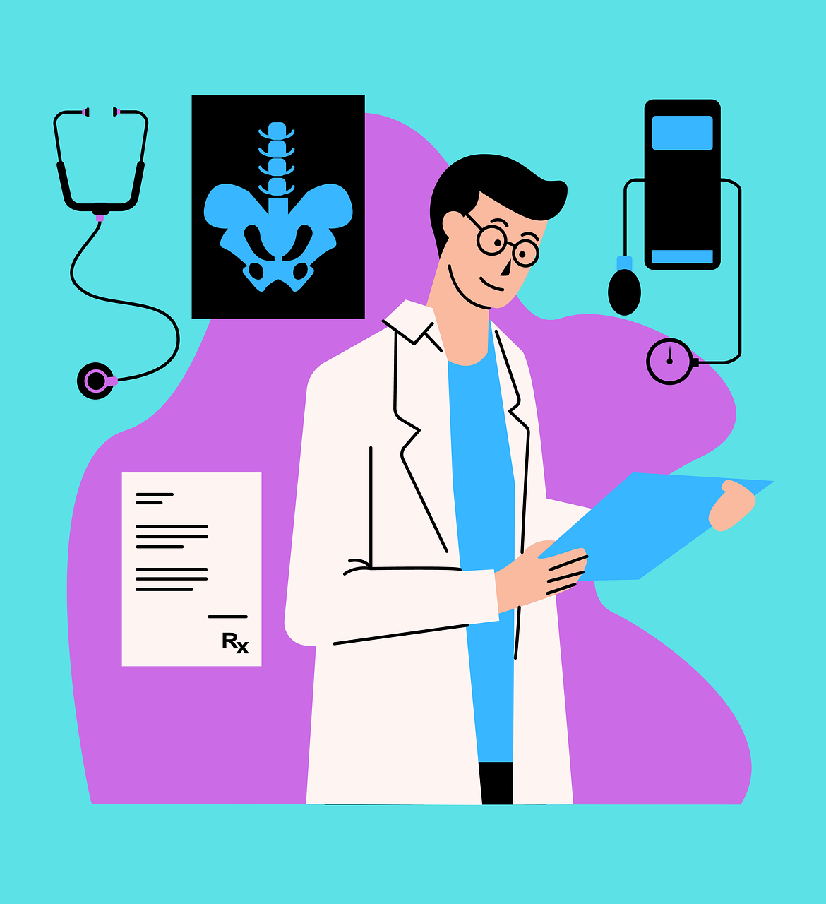 Diagnose symboliseret ved tegning af en mand i lægekittel med mobil, stetoskop, røntgenbillede og papirark omkring sig. Rosa og turkis baggrund.