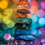 Guide til sitet symboliseret ved farverige sten stablet ovenpå hinanden. Baggrunden er farverig i lyscirkler.