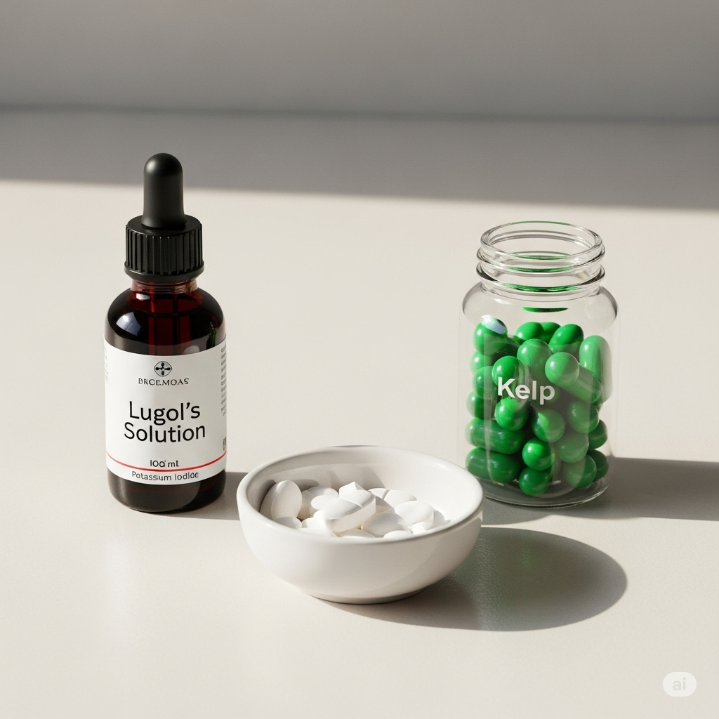 Jod symboliseret ved foto af pipetteflaske med jod, jodpulver i hvidt i en hvid porcelænsskål og et klart pilleglas med grønne piller. Det står på en lys flade.