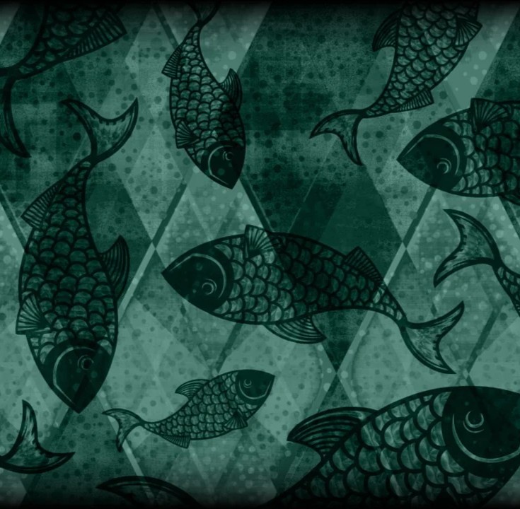Livet med kræft symboliseret ved fisk i forskellig størrelse med lys og mørk grønlig baggrund.