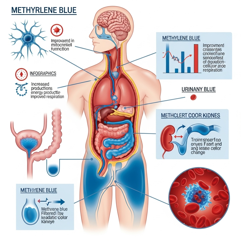 Methylenblåt symboliseret ved planche af menneske og organer ved siden af, hvor virkning er skitseret. Hvid baggrund.