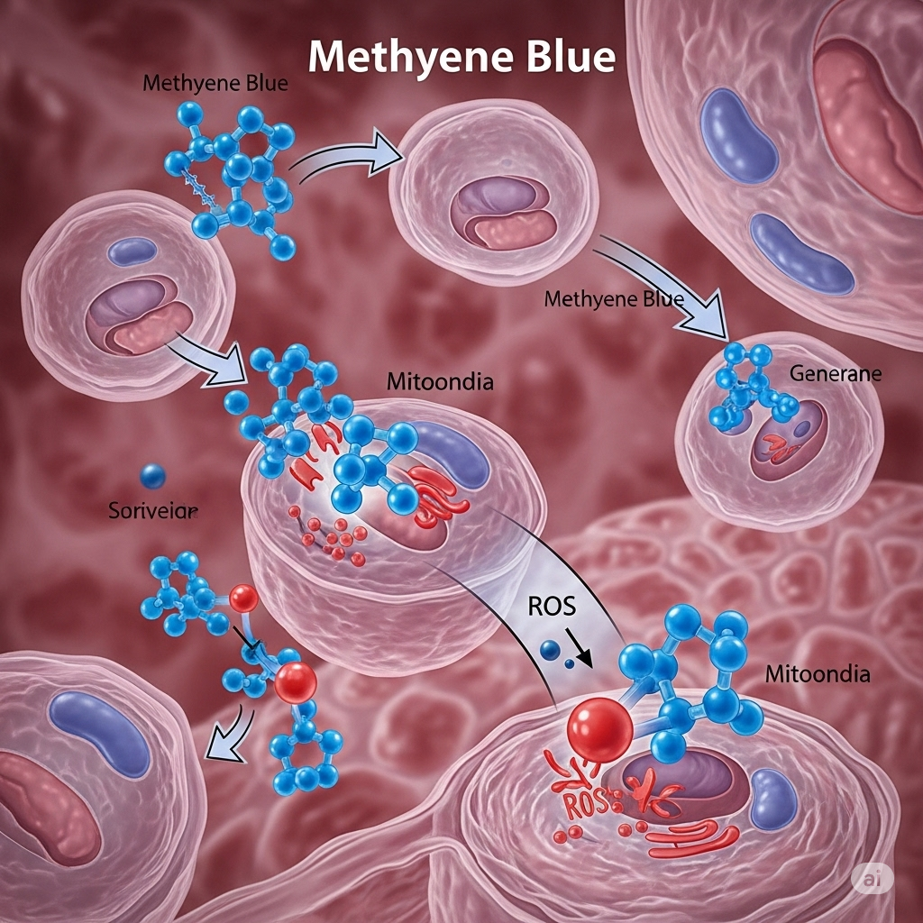 Methylenblåt symboliseret ved billede i rosa toner. Viser celler. Og blå kugler der skal vise methylenblåt.