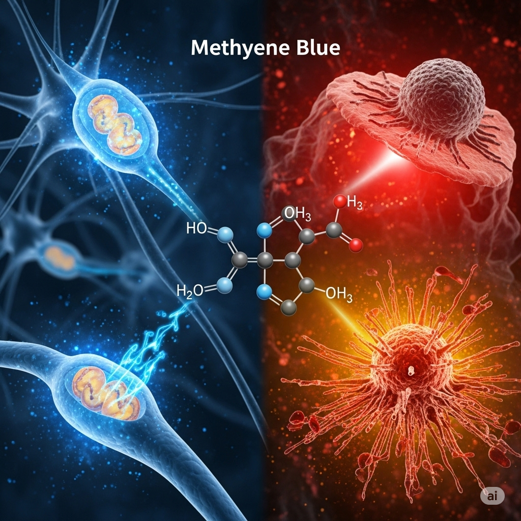 Methylenblåt symboliseret ved celler i blå nuancer i venstre side og orange i højre side. Tekst Methylene Blue. Molekylestruktur vist i midten med blå kugler.