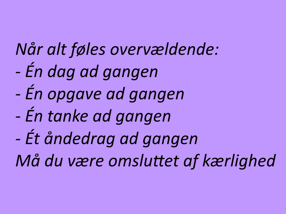 Den sidste tid symboliseret ved teksten: Når alt føles overvældende:
- Én dag ad gangen
- Én opgave ad gangen
- Én tanke ad gangen
- Ét åndedrag ad gangen
Må du være omsluttet af kærlighed på lyslilla baggrund.