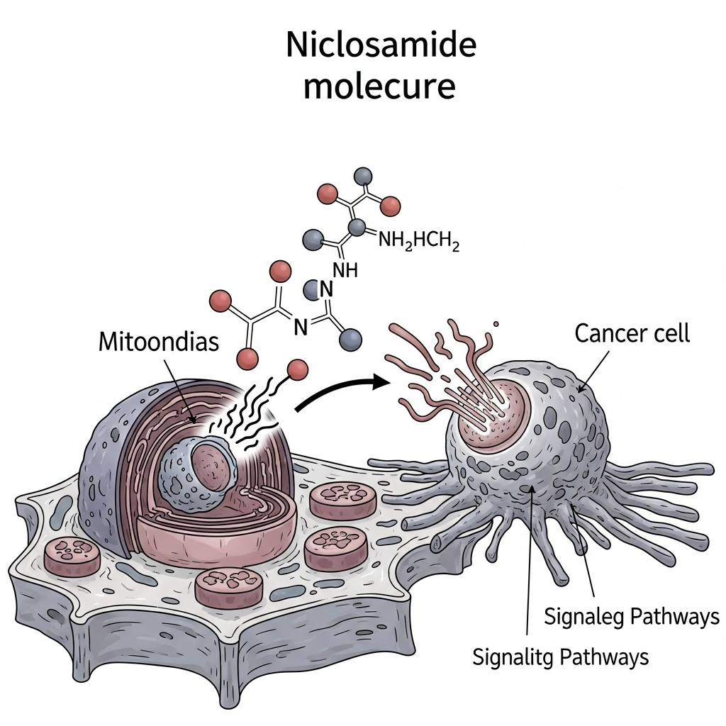 Niclosamid symboliseret ved tegning af gå celle der bliver fiktivt angrebet a anden celle og nogle molekyler der forestiller niclosamid