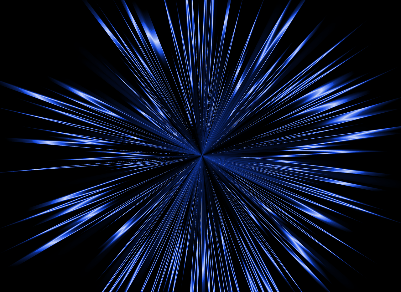 Stråleskader og senfølger symboliseret ved mørk baggrund og foran denne et væld af blåligt lys som tynde linjer udgående fra centrum.