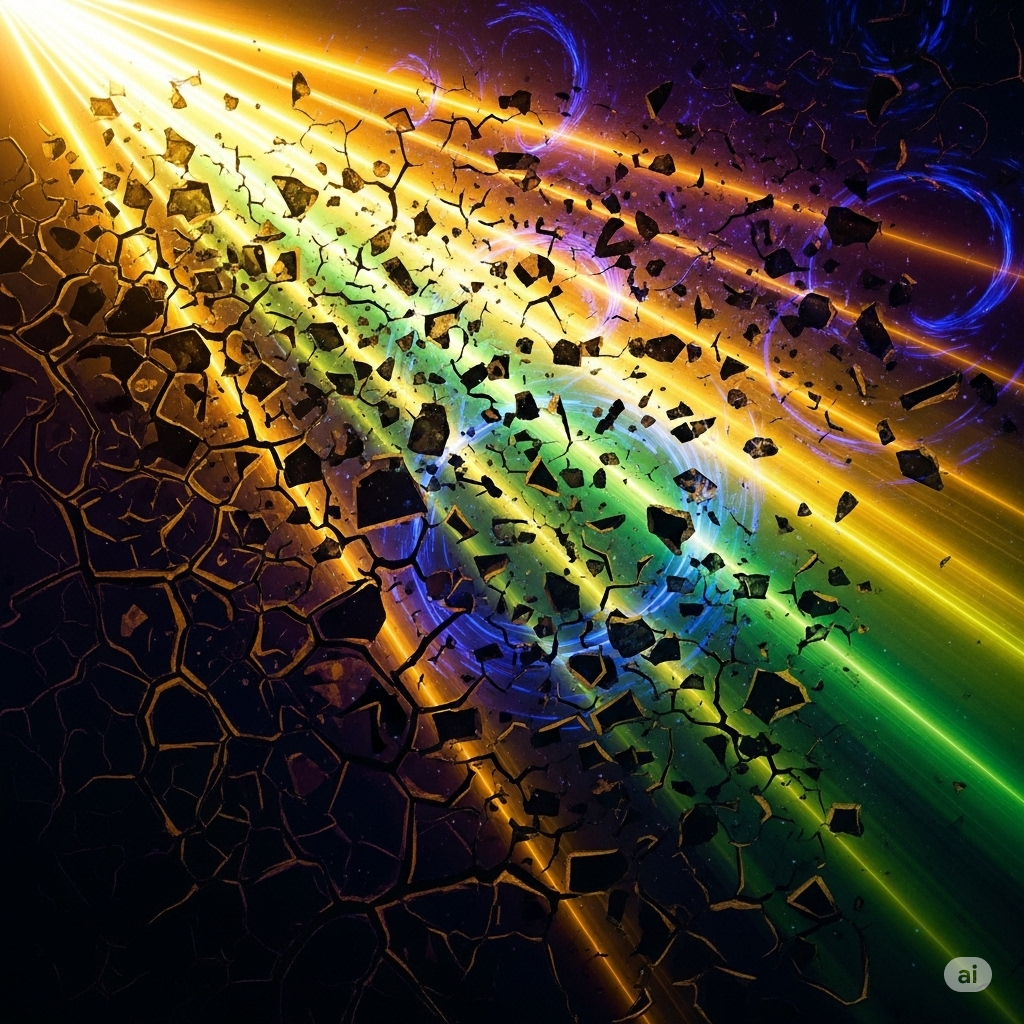 Stråleskader og senfølger symboliseret ved lyskegle fra øverste venstre hjørne. Lyset deler sig i farvede stråler. Over disse er der sorte små plamager. Sort baggrund.