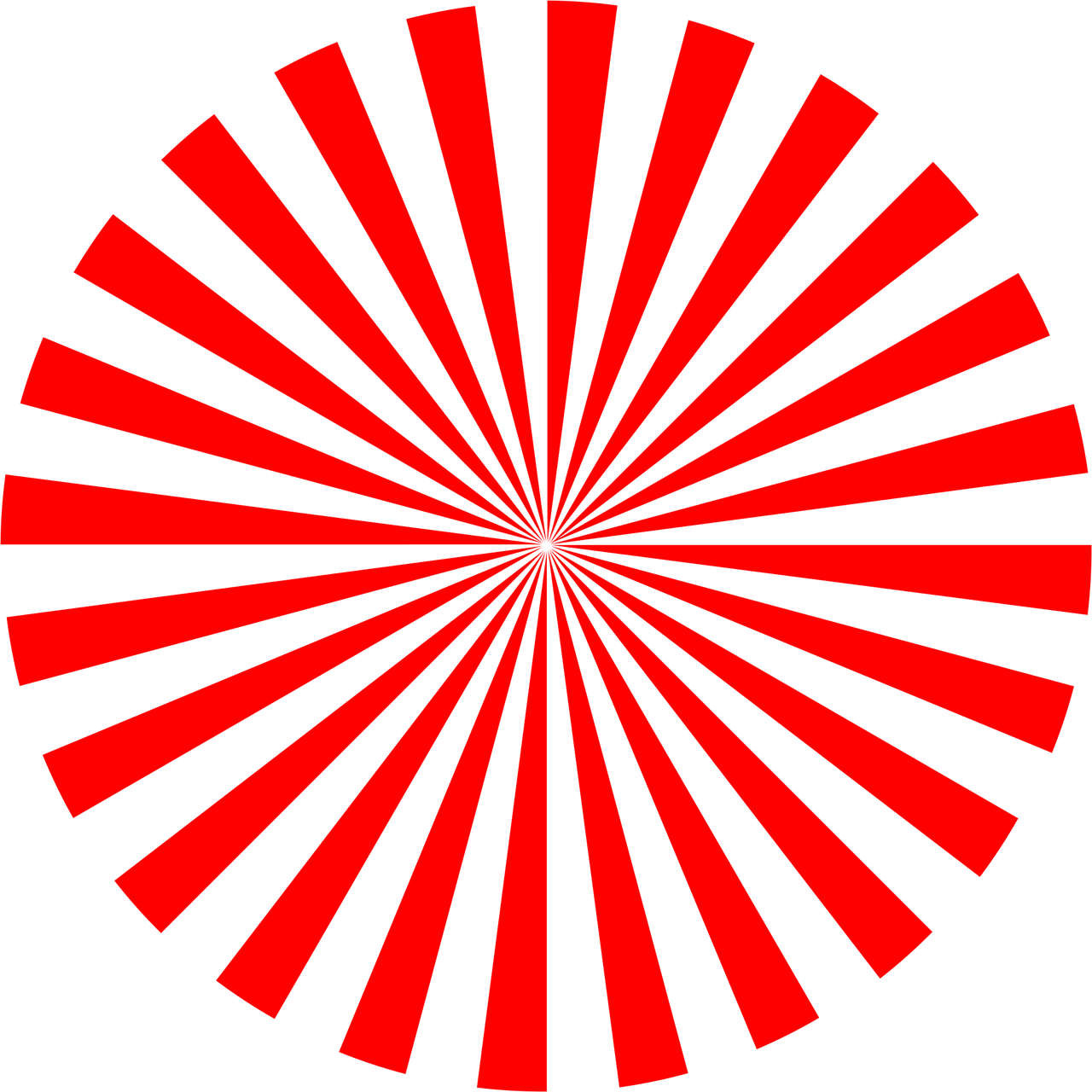 Stråleskader og senfølger symboliseret ved en cirkel dannet af røde stråler ud fra midten. Hvid baggrund.