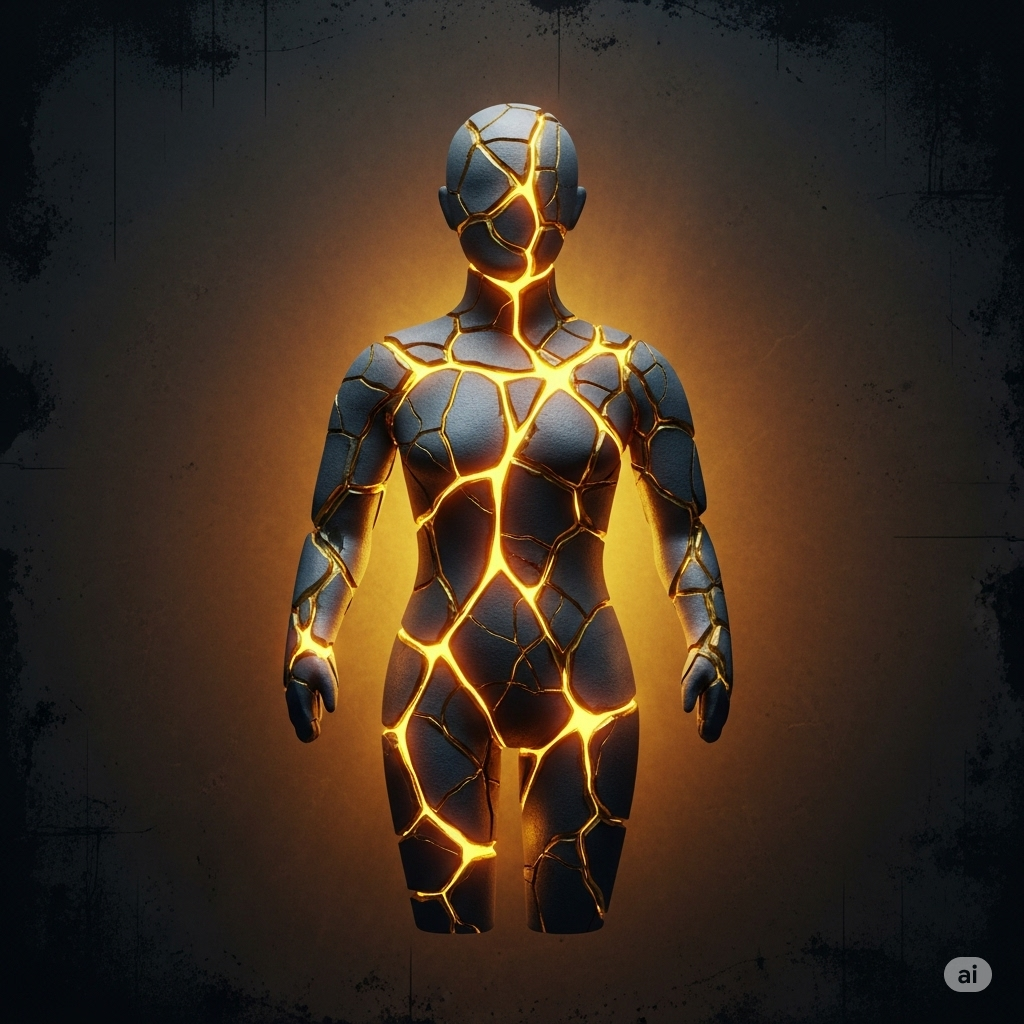 Stråleskader og senfølger symboliseret ved model af menneske i brun farve med nogle gule kanaler ind over. Lys bag denne der toner over i mørkere og mørkere brun baggrund.