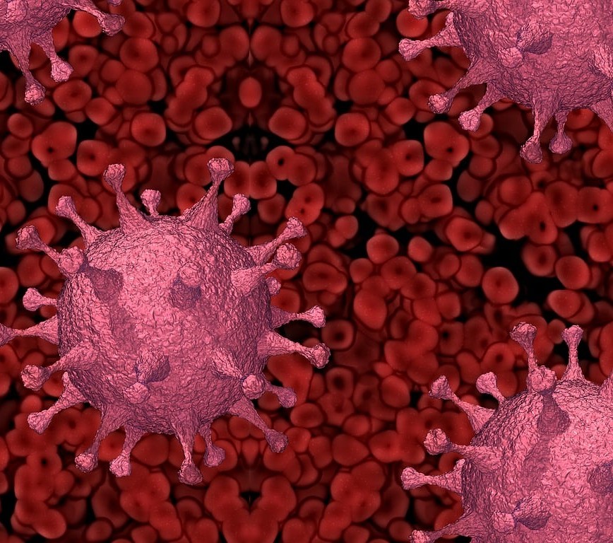 Vaginalkræft symboliseret ved røde celler og et par store uformelige med pikke i rosa. Ellers røde.